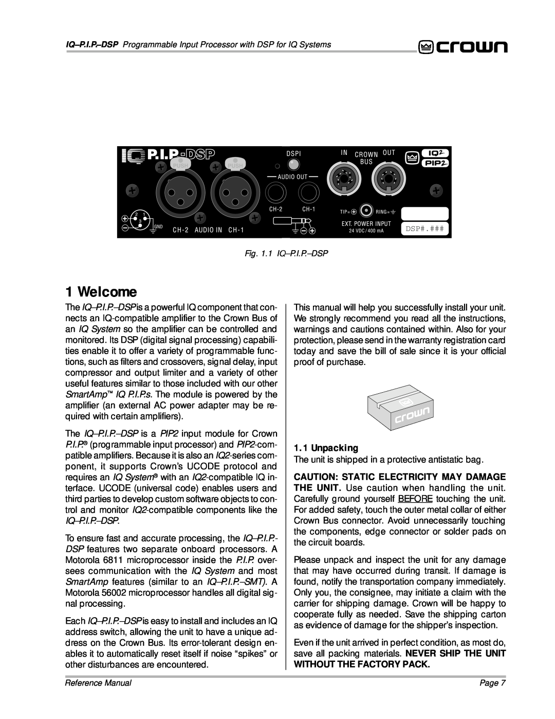 Crown Audio IQ P.I.P.-DSP manual Welcome, Unpacking 
