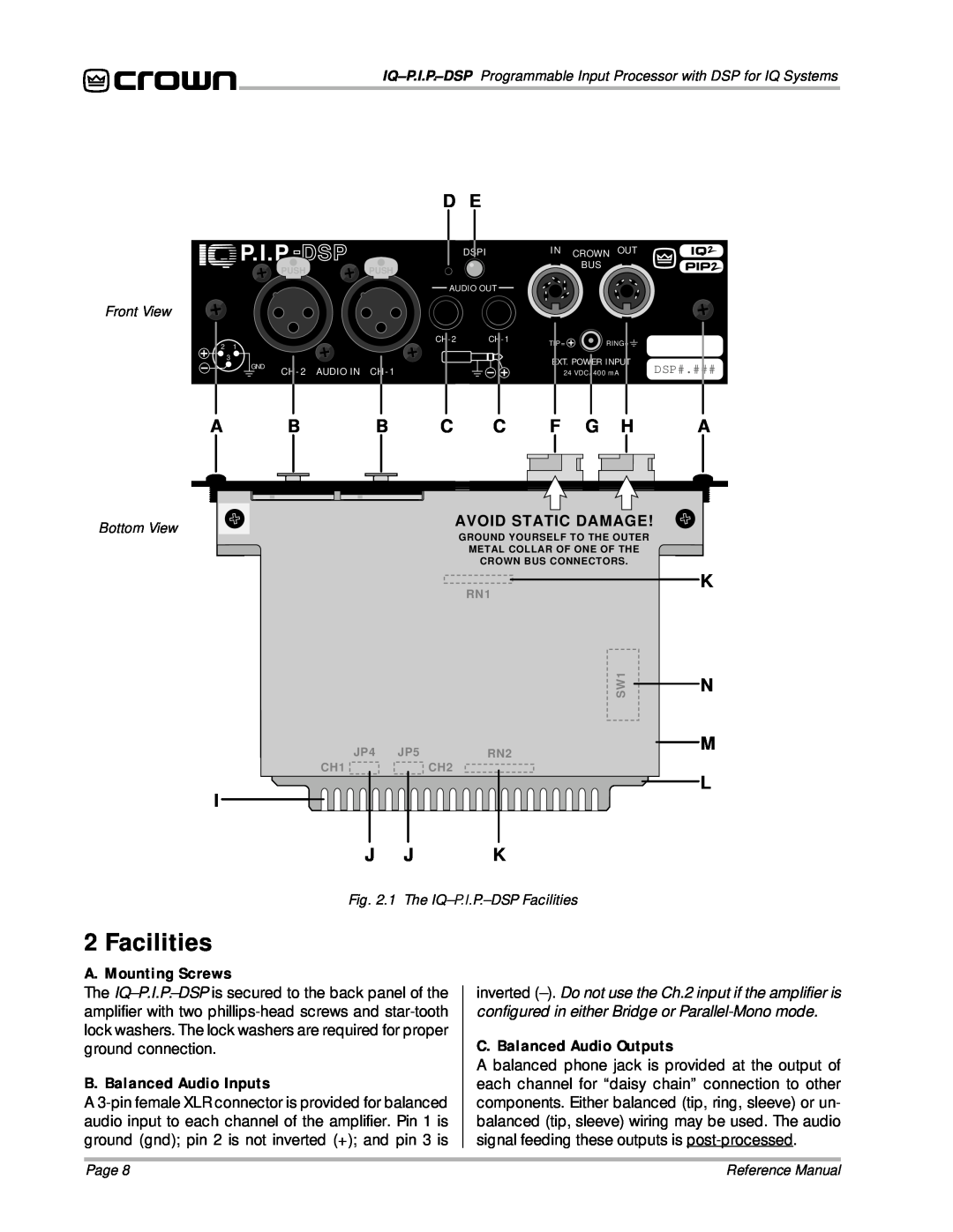 Crown Audio IQ P.I.P.-DSP manual Facilities, P.I.P.-Dsp, F G H 