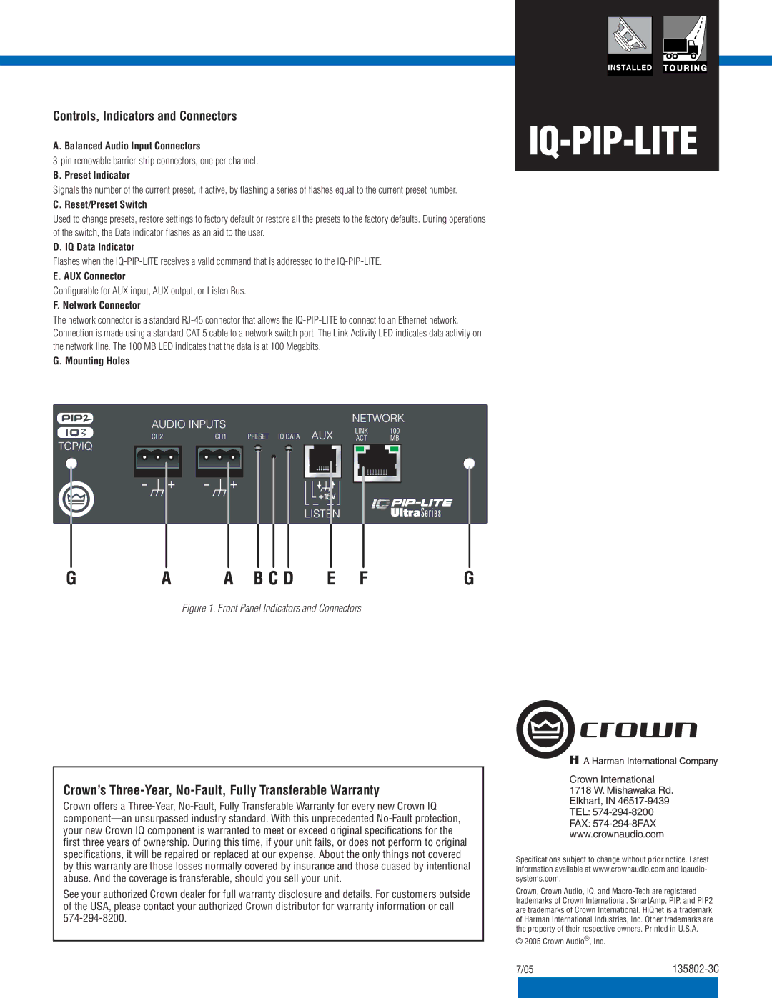 Crown Audio IQ-PIP-LITE Crown’s Three-Year, No-Fault, Fully Transferable Warranty, Controls, Indicators and Connectors 