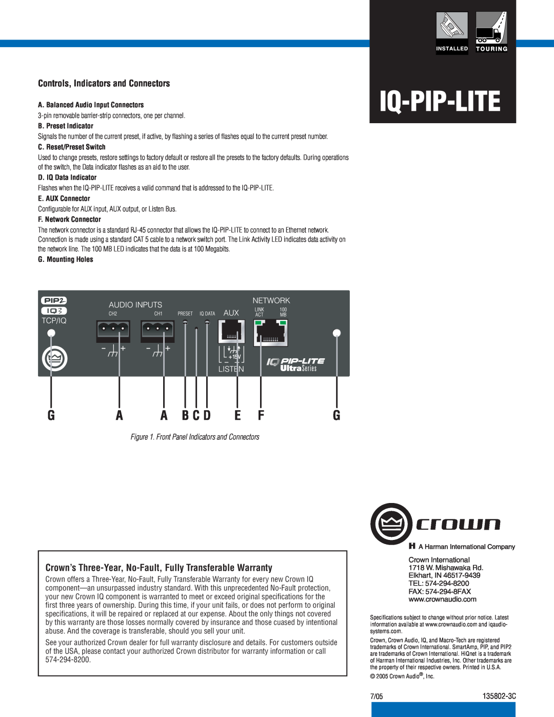 Crown Audio IQ-PIP-LITE Controls, Indicators and Connectors, A. Balanced Audio Input Connectors, B. Preset Indicator 