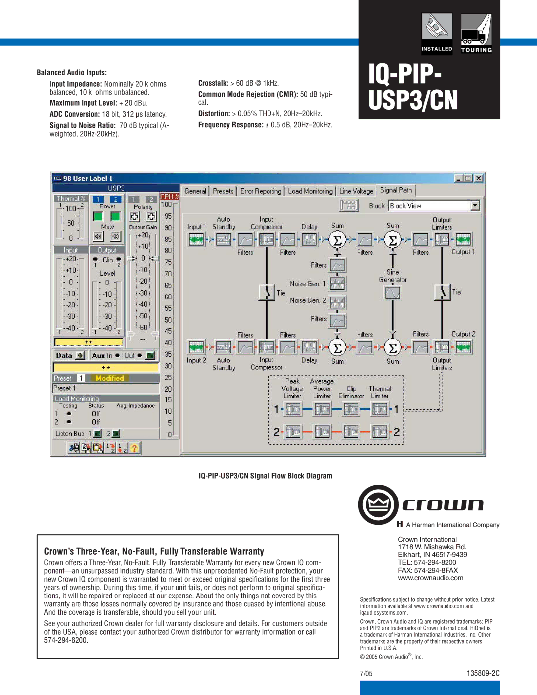 Crown Audio IQ-PIP USP3/CN specifications Crown’s Three-Year, No-Fault, Fully Transferable Warranty 