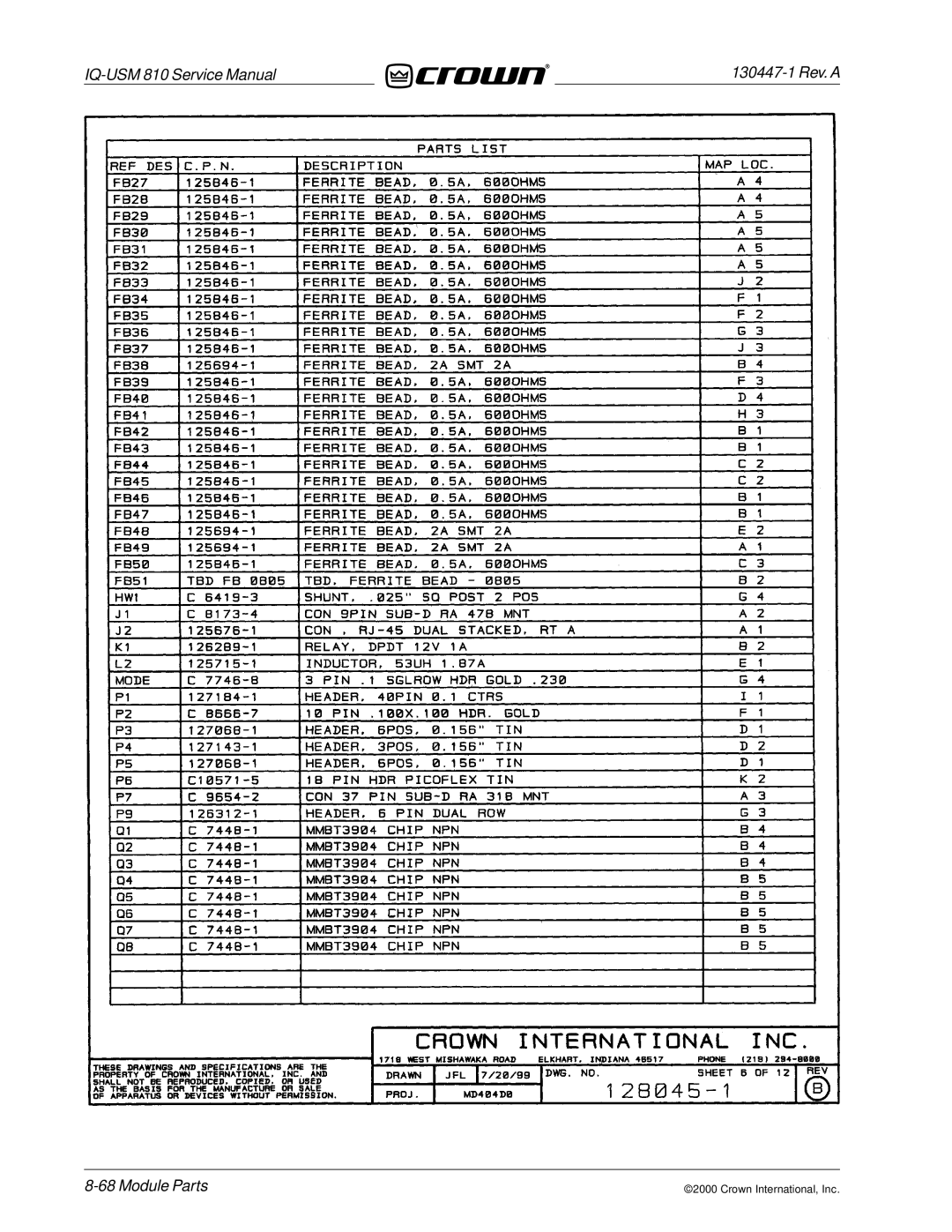 Crown Audio IQ-USM 810 service manual Module Parts 