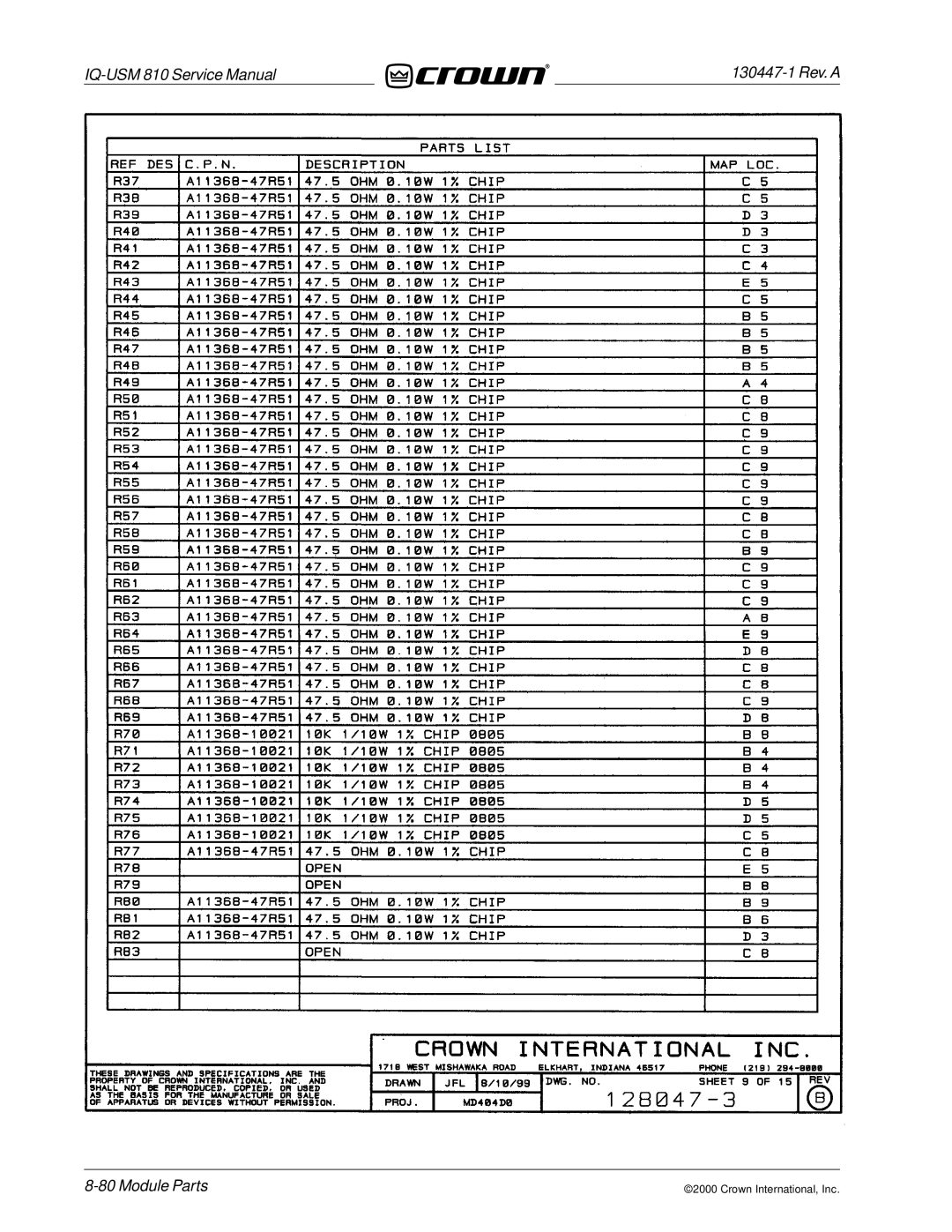 Crown Audio IQ-USM 810 service manual Module Parts 