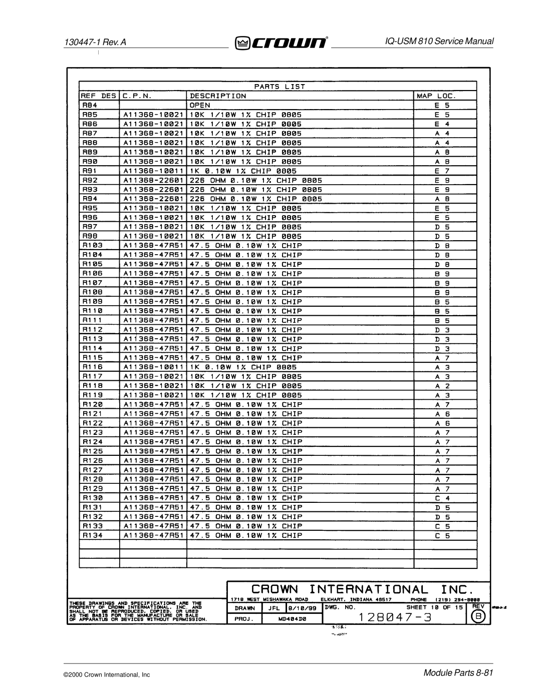 Crown Audio IQ-USM 810 service manual 130447-1 Rev. a 