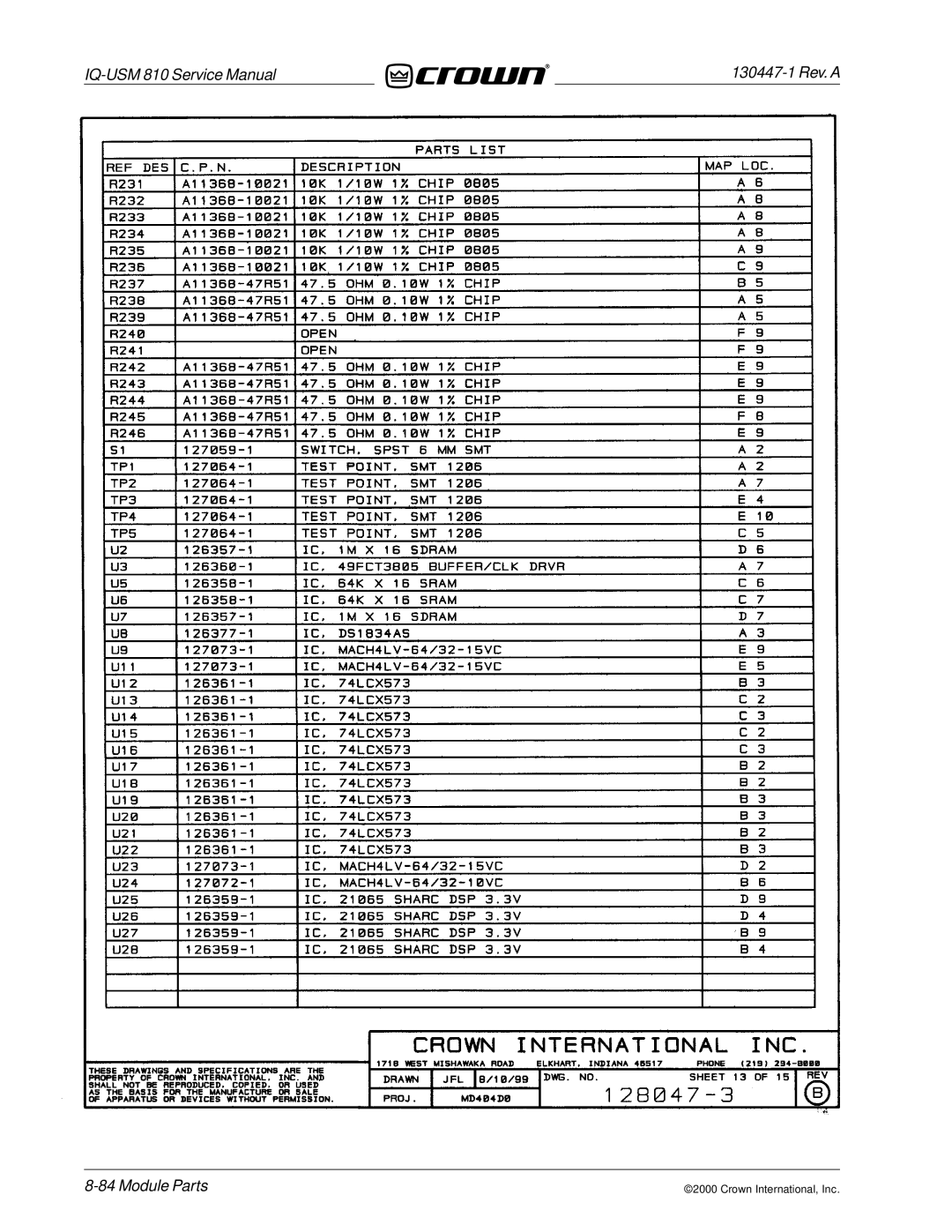 Crown Audio IQ-USM 810 service manual Module Parts 