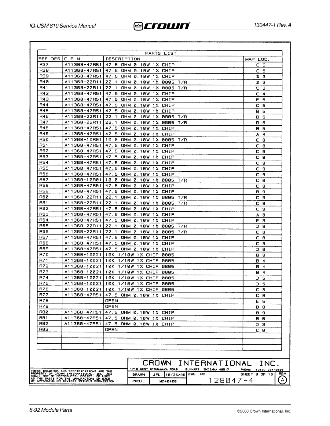 Crown Audio IQ-USM 810 service manual Module Parts 