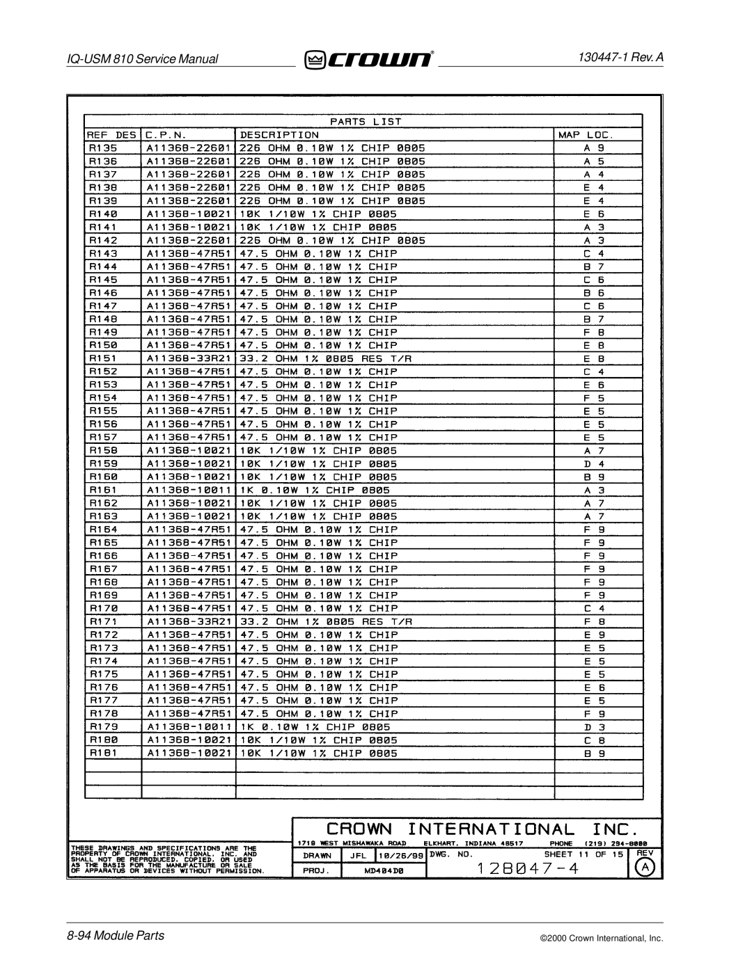 Crown Audio IQ-USM 810 service manual Module Parts 