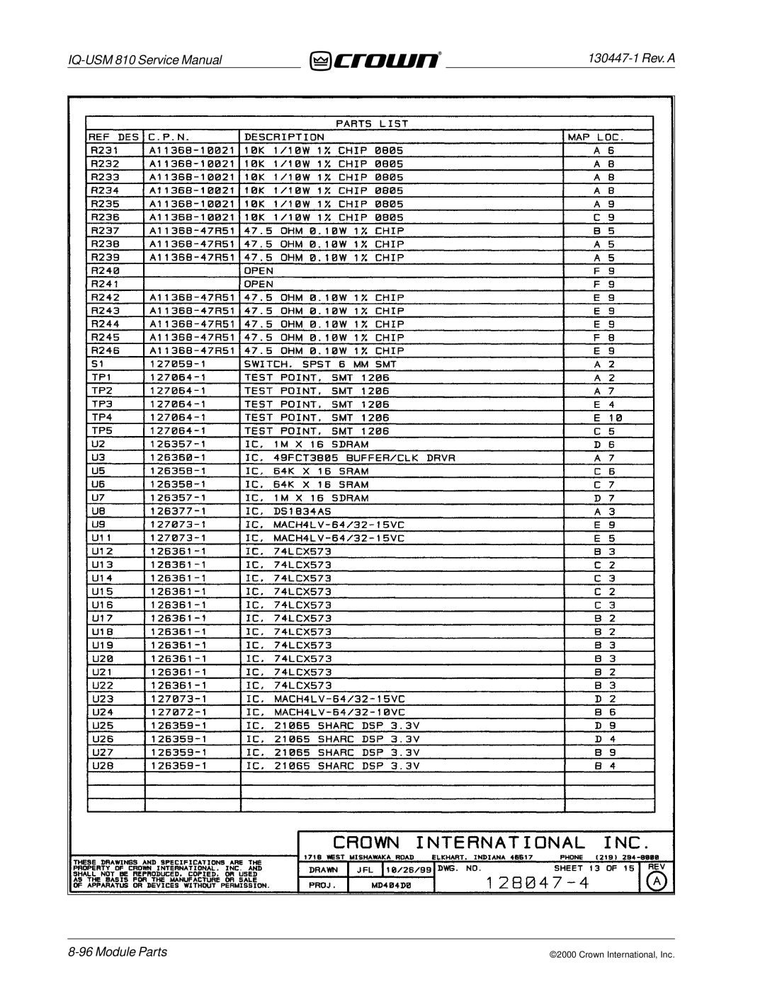 Crown Audio IQ-USM 810 service manual Module Parts 