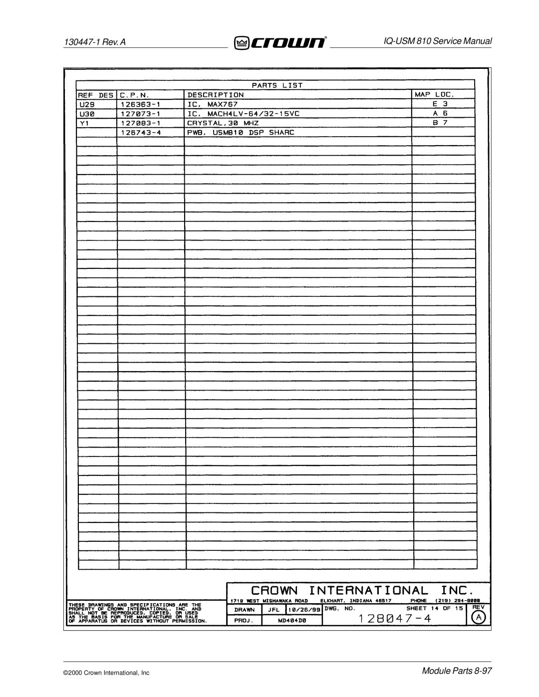 Crown Audio IQ-USM 810 service manual 130447-1 Rev. a 