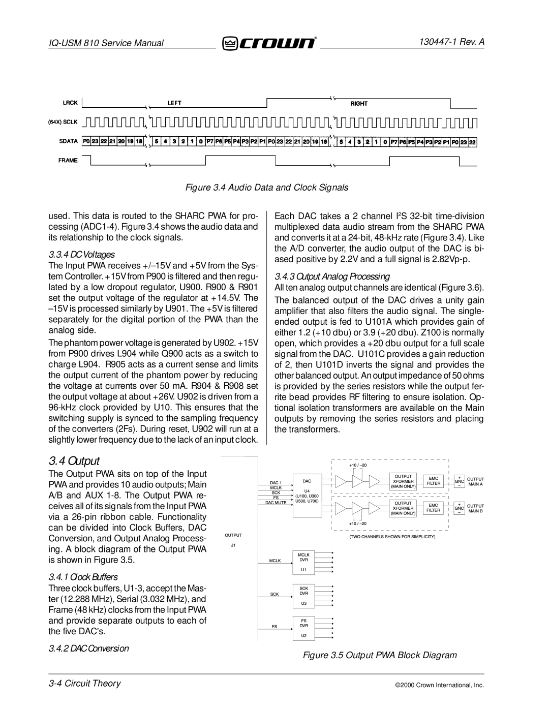 Crown Audio IQ-USM 810 service manual DC Voltages, Output Analog Processing, Clock Buffers, DAC Conversion 