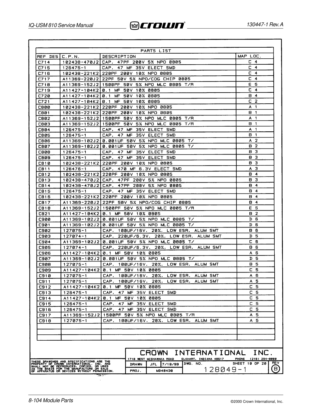 Crown Audio IQ-USM 810 service manual Module Parts 