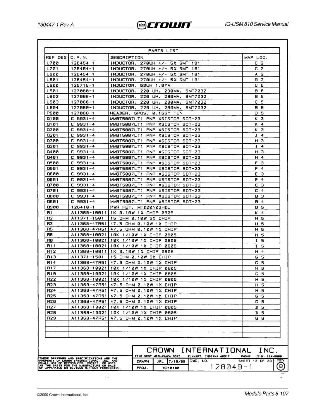 Crown Audio IQ-USM 810 service manual 130447-1 Rev. a 