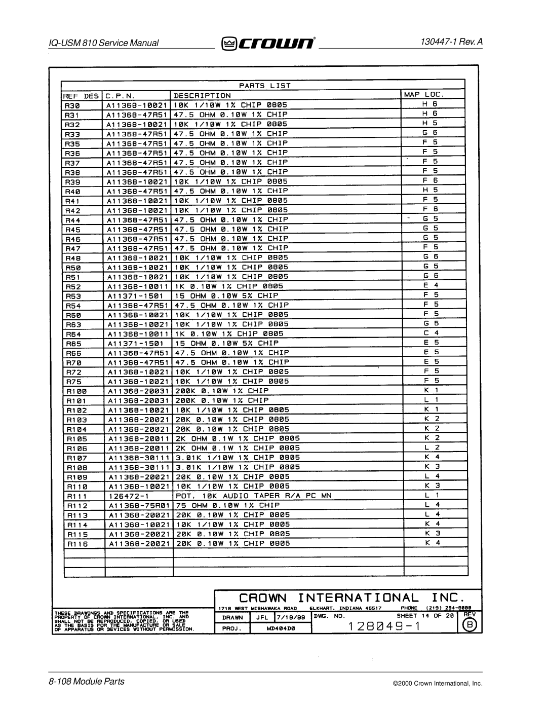 Crown Audio IQ-USM 810 service manual Module Parts 