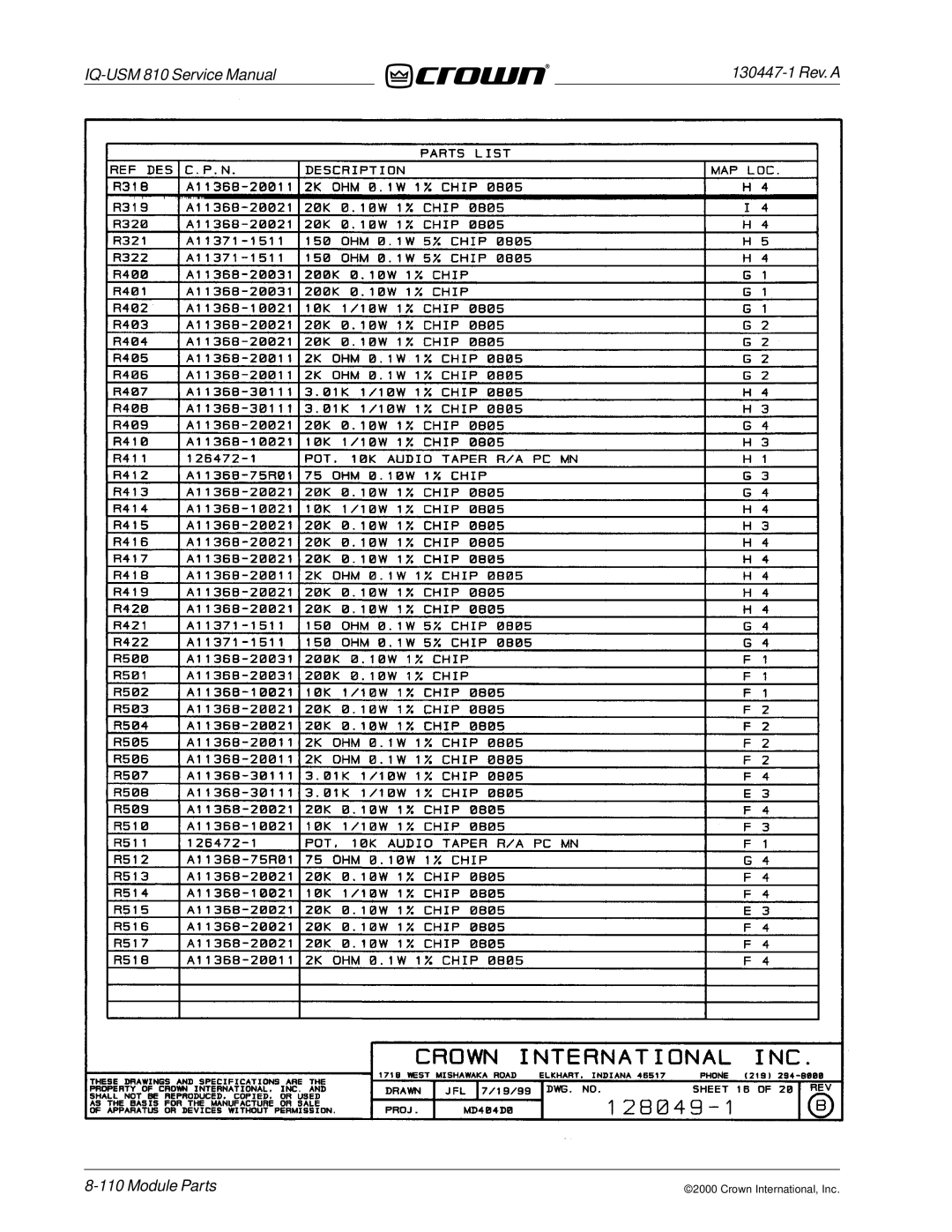 Crown Audio IQ-USM 810 service manual Module Parts 