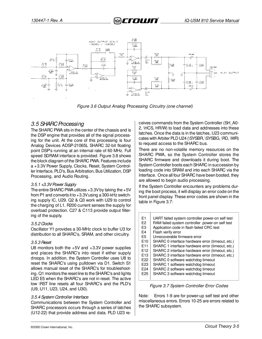 Crown Audio IQ-USM 810 service manual Sharc Processing, 1 +3.3V Power Supply, Clocks, Reset, System Controller Interface 