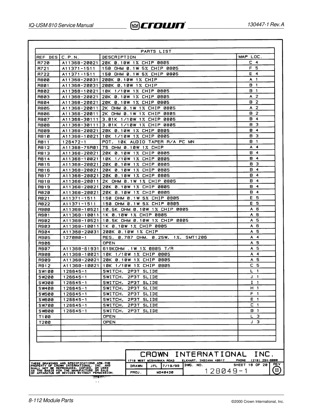 Crown Audio IQ-USM 810 service manual Module Parts 