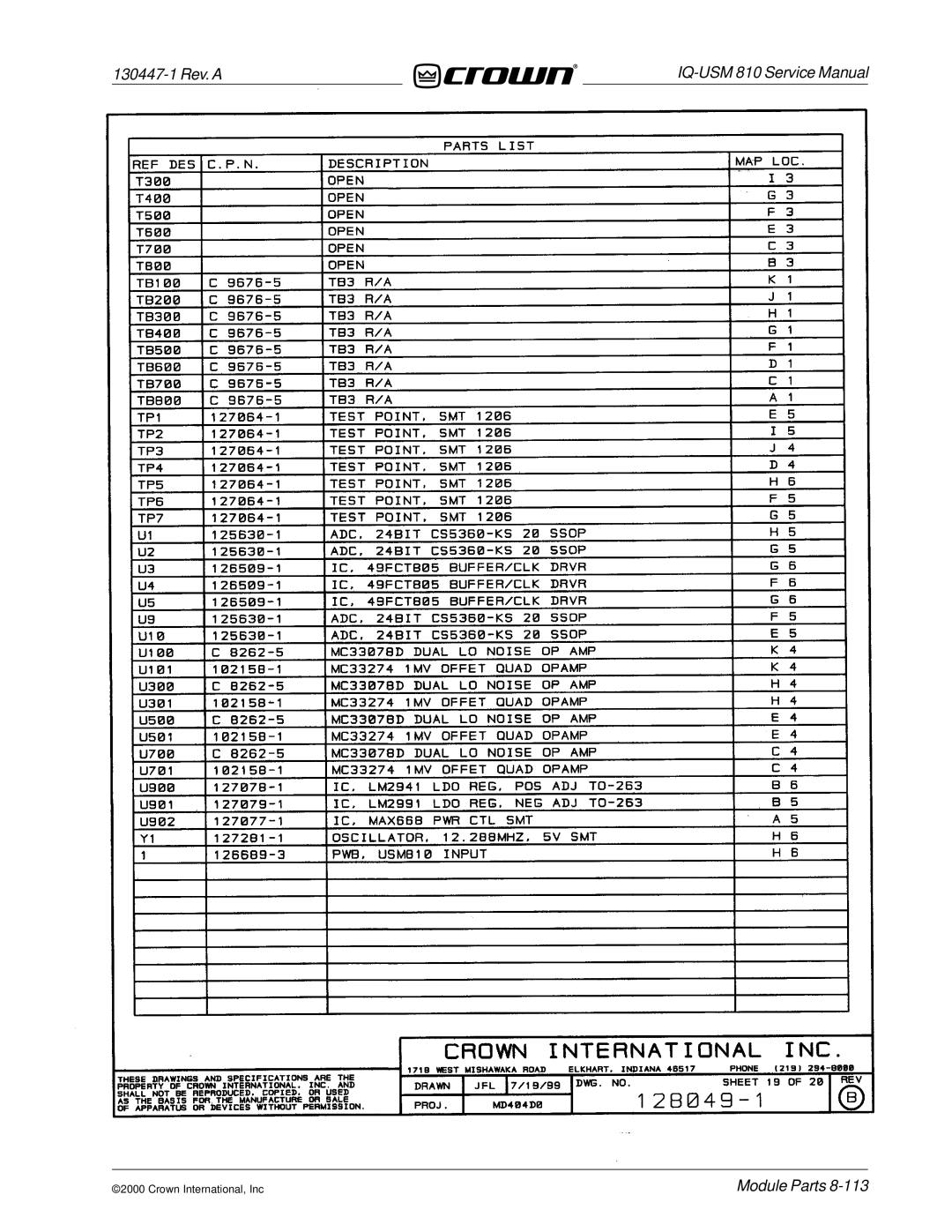 Crown Audio IQ-USM 810 service manual 130447-1 Rev. a 