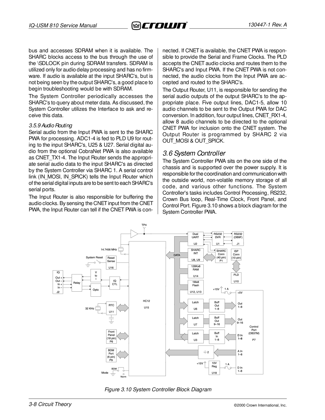 Crown Audio IQ-USM 810 service manual System Controller, Audio Routing 