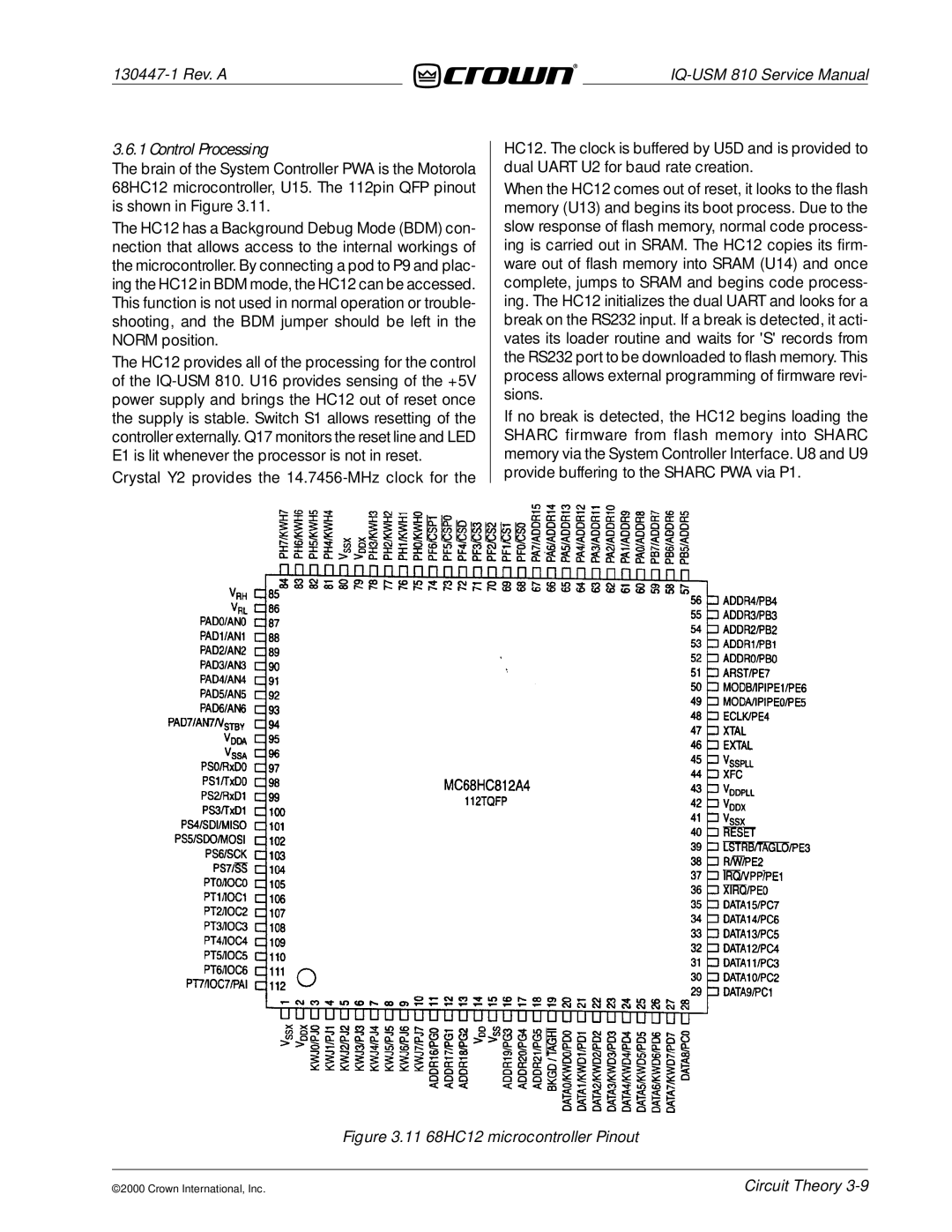 Crown Audio IQ-USM 810 service manual Control Processing, 11 68HC12 microcontroller Pinout 