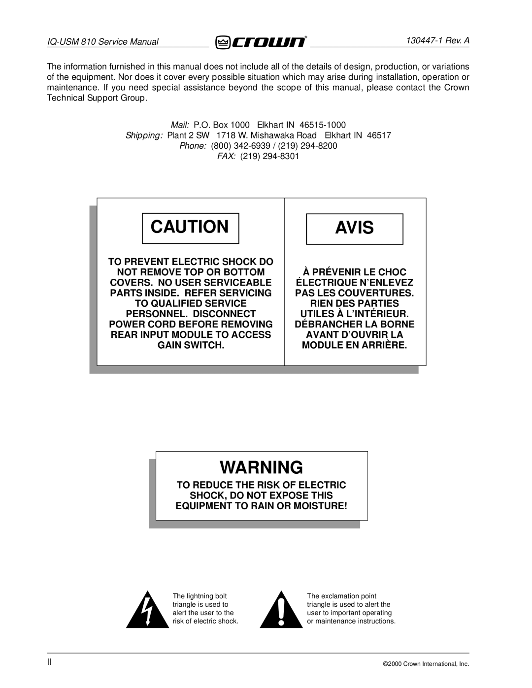 Crown Audio IQ-USM 810 service manual Avis 