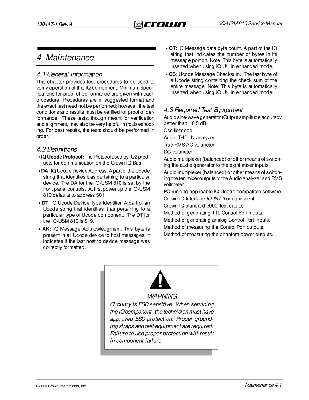 Crown Audio IQ-USM 810 service manual Maintenance, General Information, Definitions, Required Test Equipment 