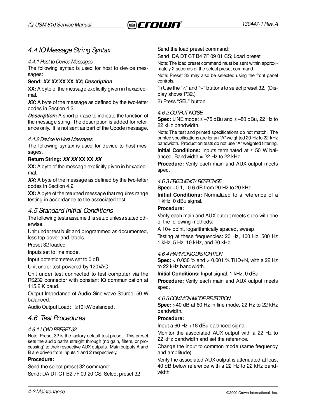 Crown Audio IQ-USM 810 service manual IQ Message String Syntax, Standard Initial Conditions, Test Procedures 