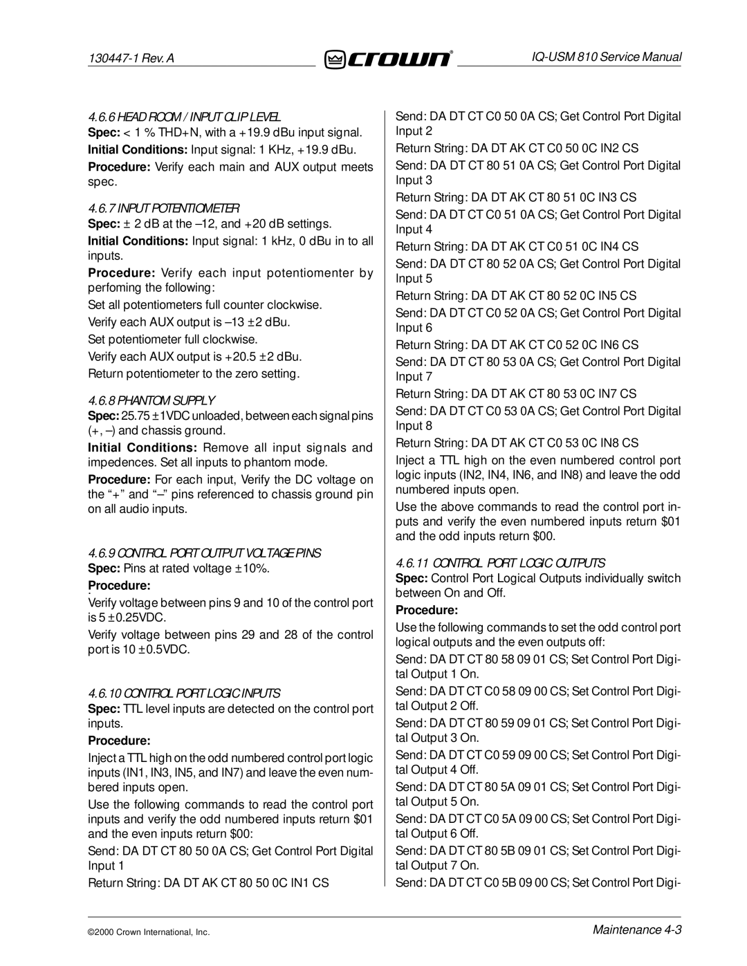 Crown Audio IQ-USM 810 service manual Head Room / Input Clip Level 