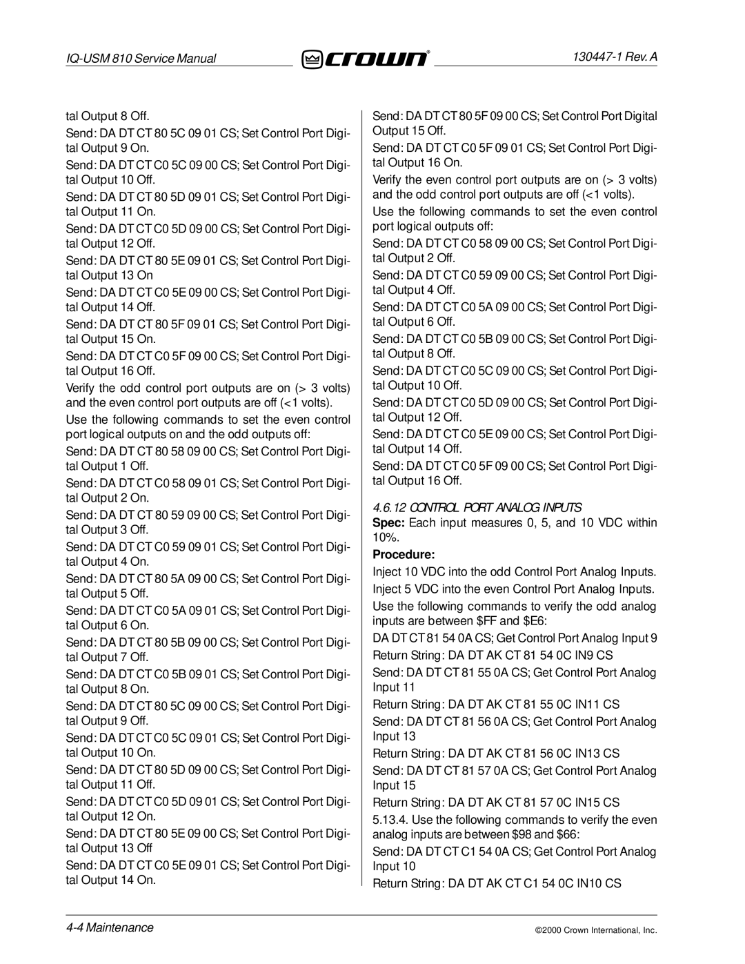 Crown Audio IQ-USM 810 service manual Control Port Analog Inputs 