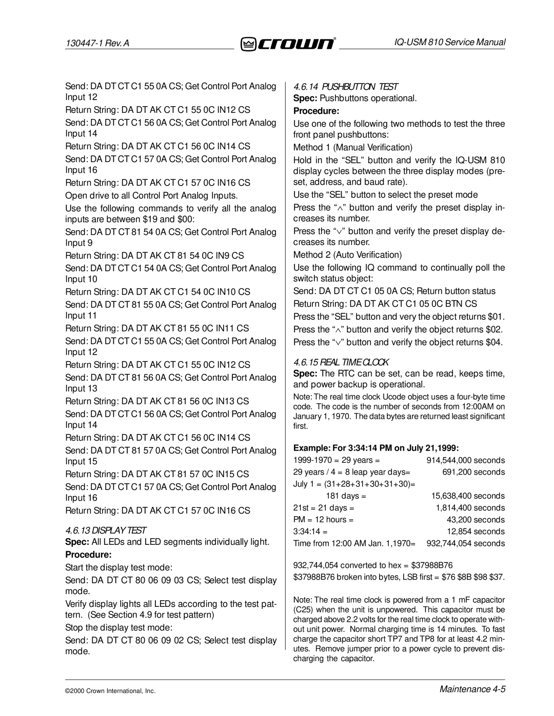 Crown Audio IQ-USM 810 service manual Display Test 