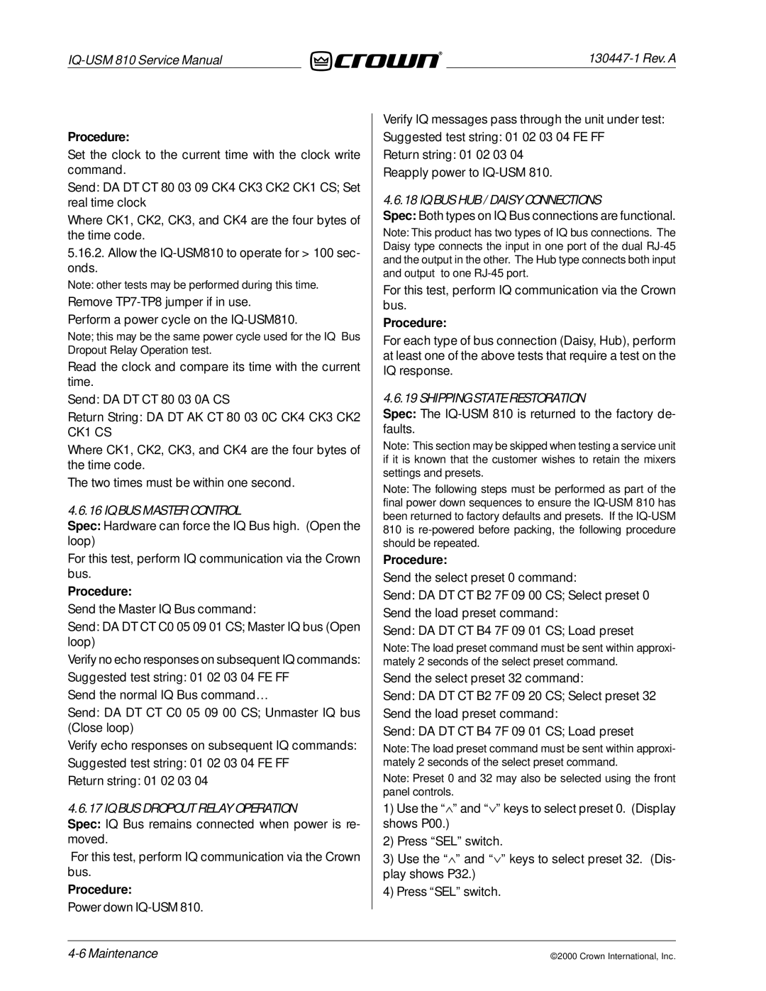 Crown Audio IQ-USM 810 service manual IQ BUS Master Control 