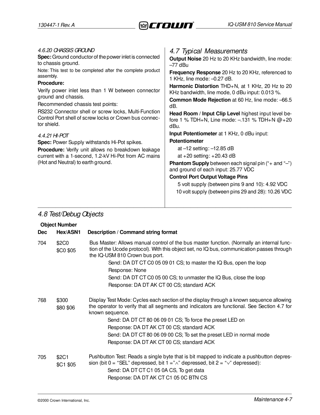 Crown Audio IQ-USM 810 service manual Typical Measurements, Test/Debug Objects, Hi-Pot 