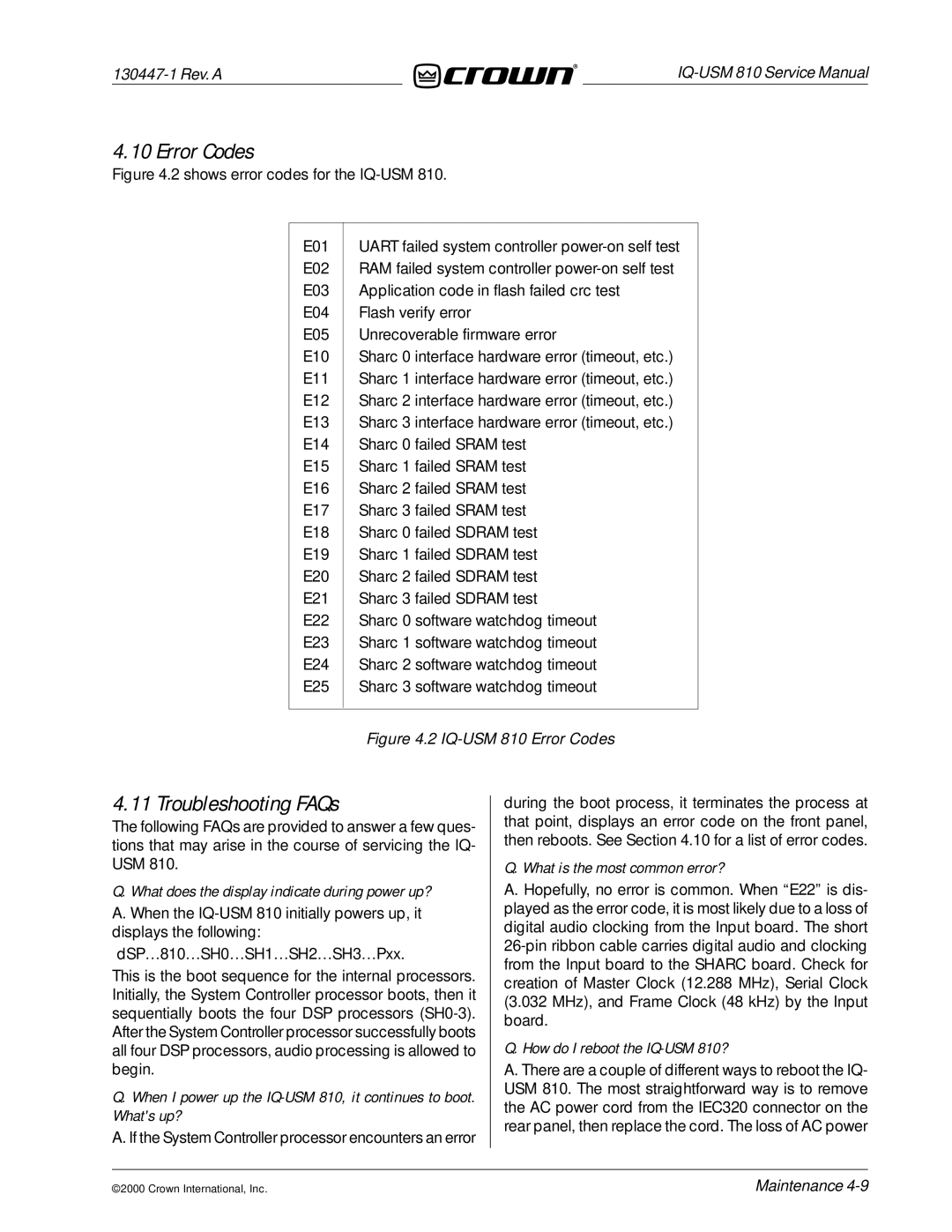 Crown Audio IQ-USM 810 service manual Error Codes, Troubleshooting FAQs 