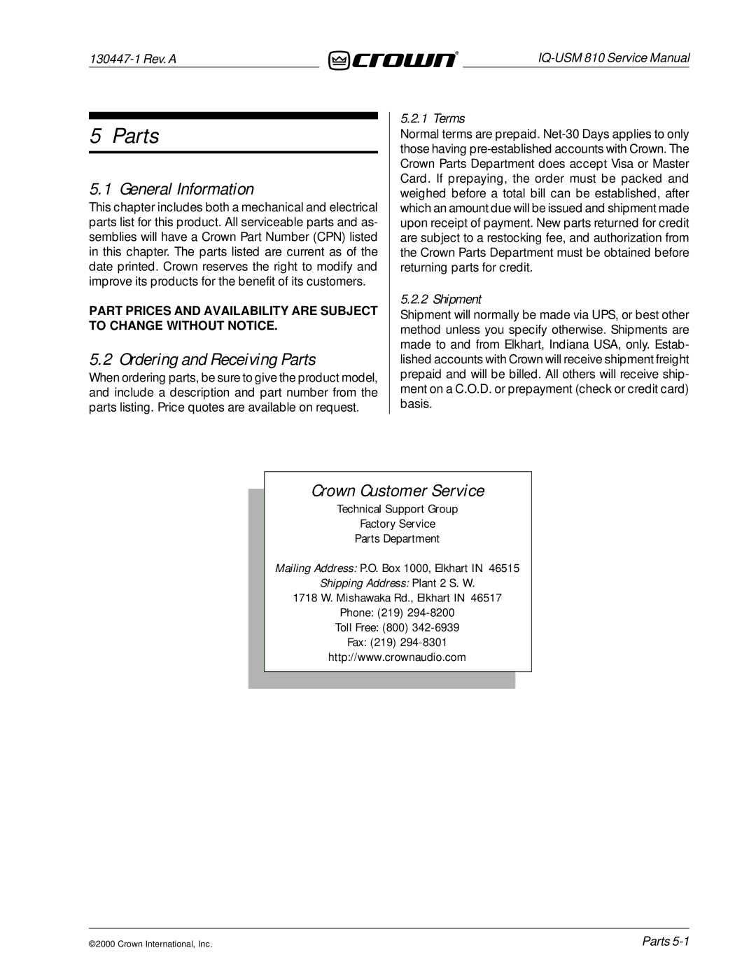 Crown Audio IQ-USM 810 service manual Ordering and Receiving Parts, Terms, Shipment 