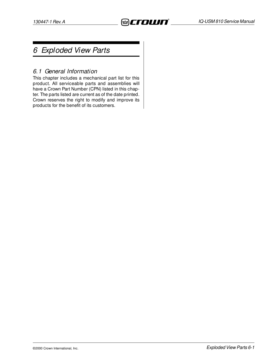 Crown Audio IQ-USM 810 service manual Exploded View Parts 