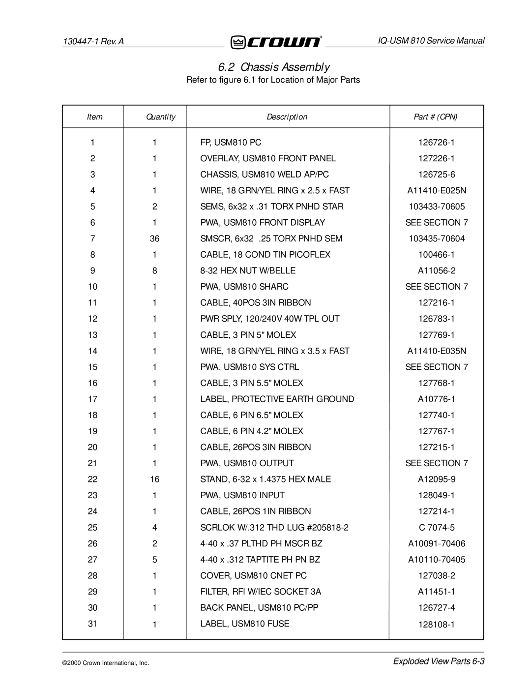 Crown Audio IQ-USM 810 service manual Chassis Assembly, Quantity Description CPN 