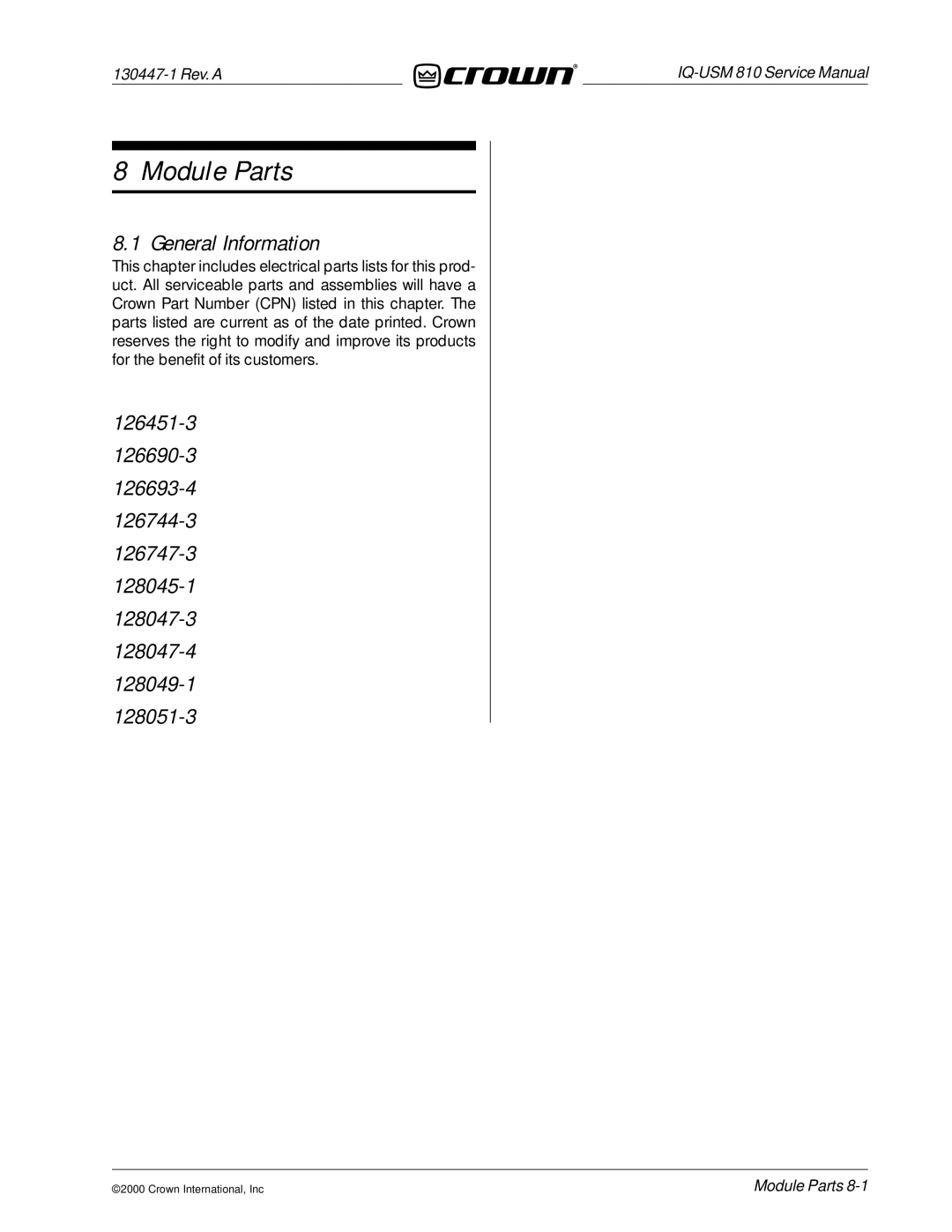 Crown Audio IQ-USM 810 service manual Module Parts 