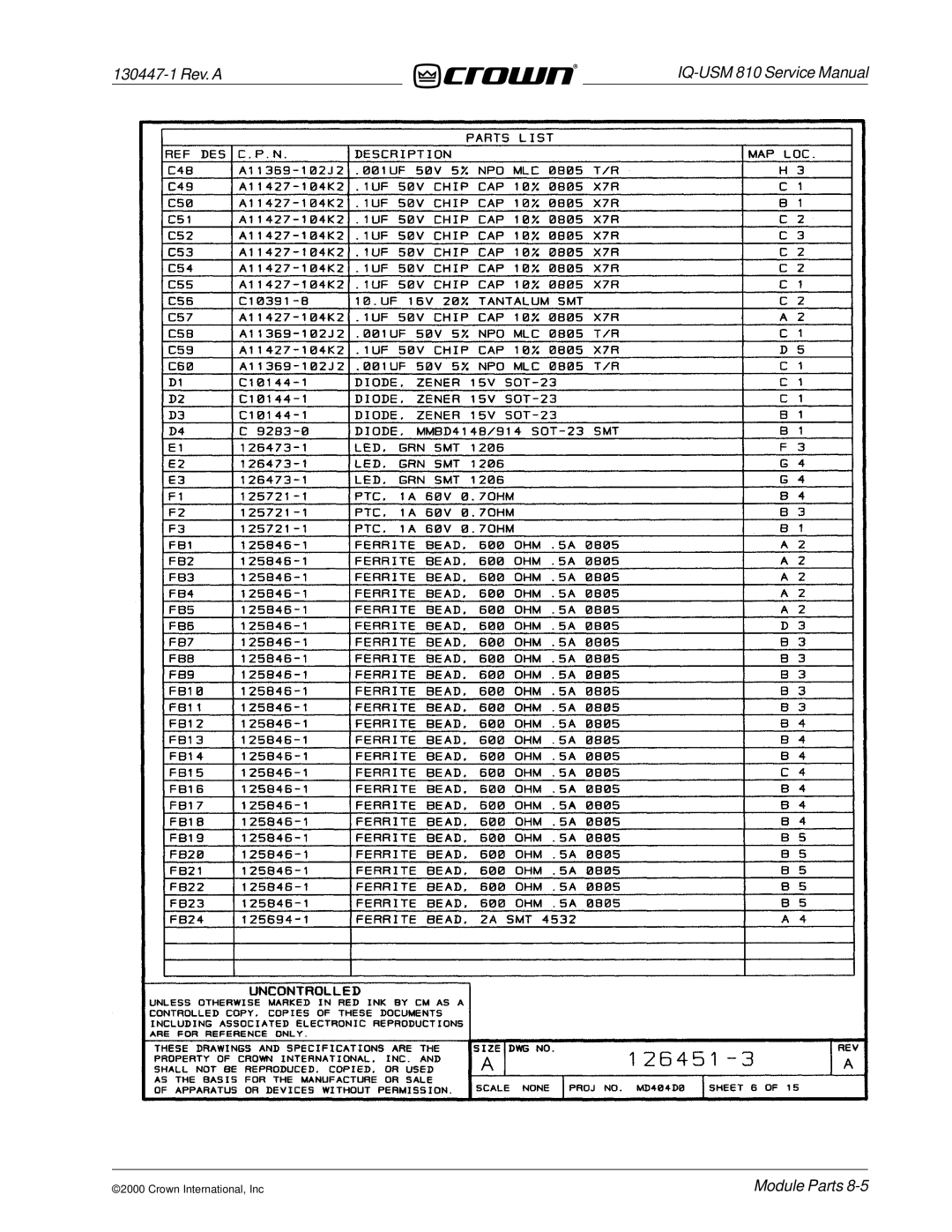 Crown Audio IQ-USM 810 service manual 130447-1 Rev. a 