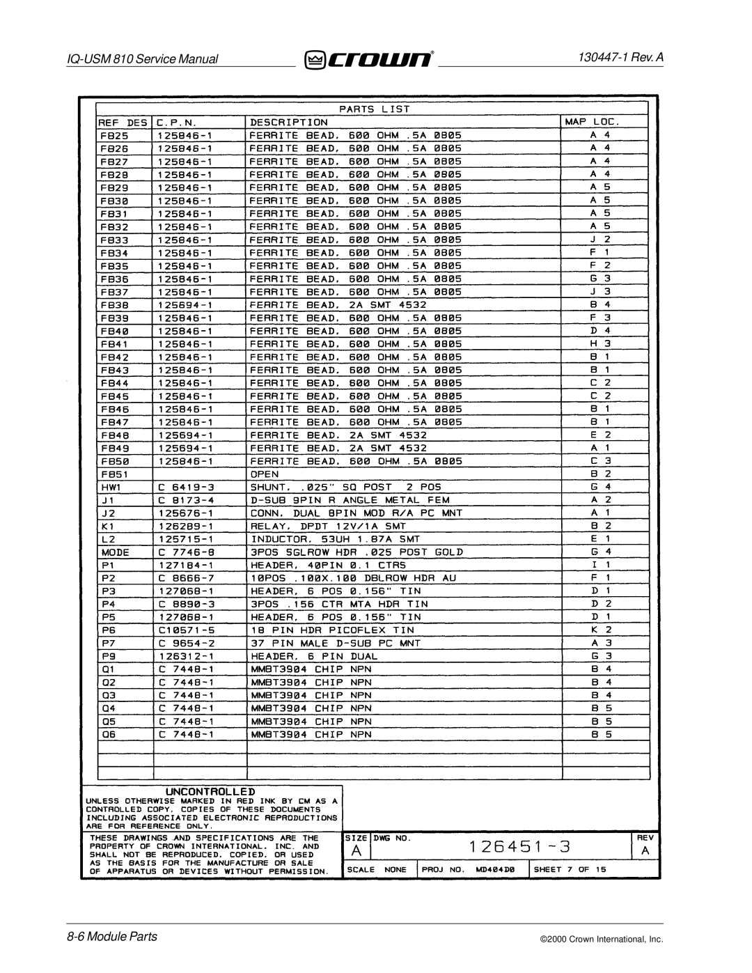 Crown Audio IQ-USM 810 service manual Module Parts 