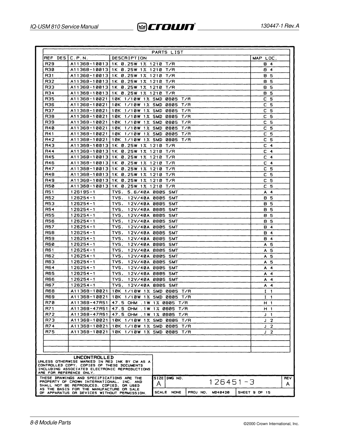 Crown Audio IQ-USM 810 service manual Module Parts 