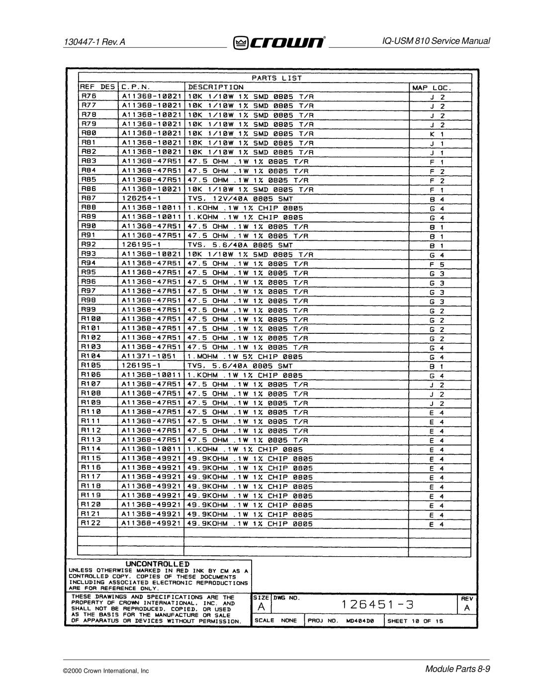 Crown Audio IQ-USM 810 service manual 130447-1 Rev. a 