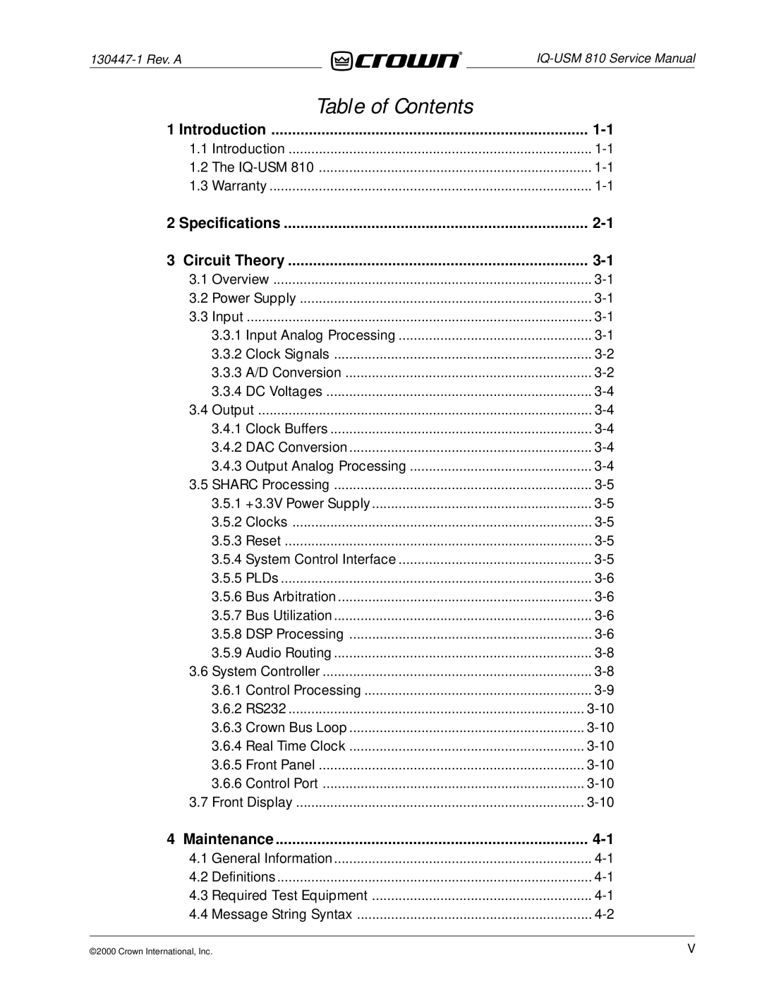 Crown Audio IQ-USM 810 service manual Table of Contents 