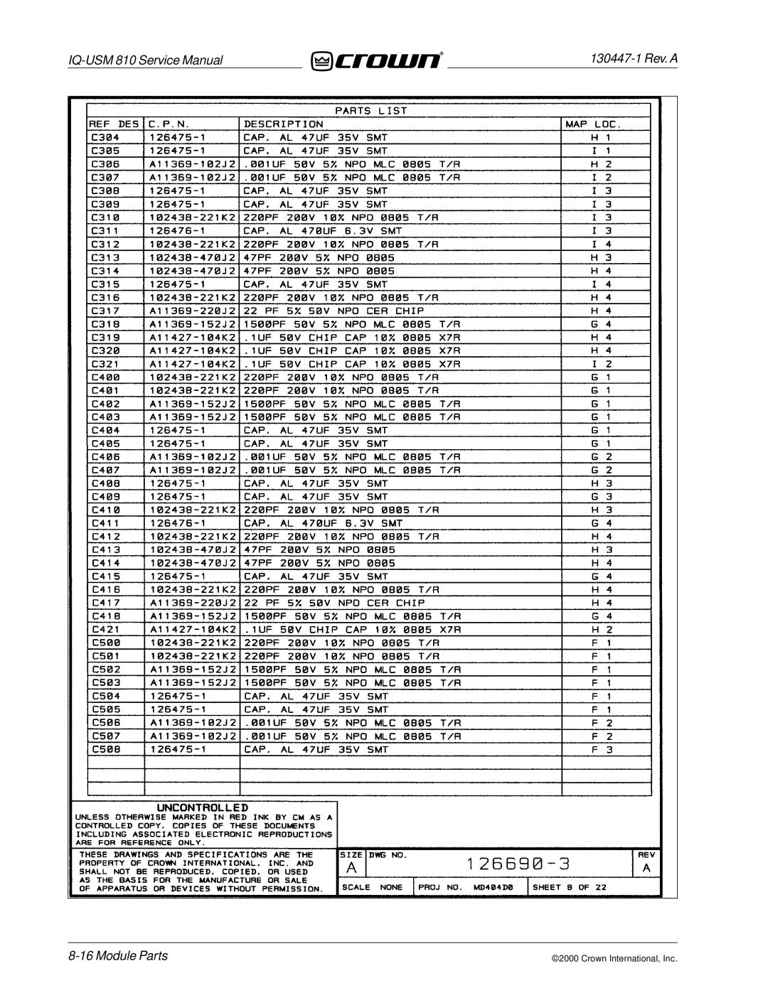 Crown Audio IQ-USM 810 service manual Module Parts 