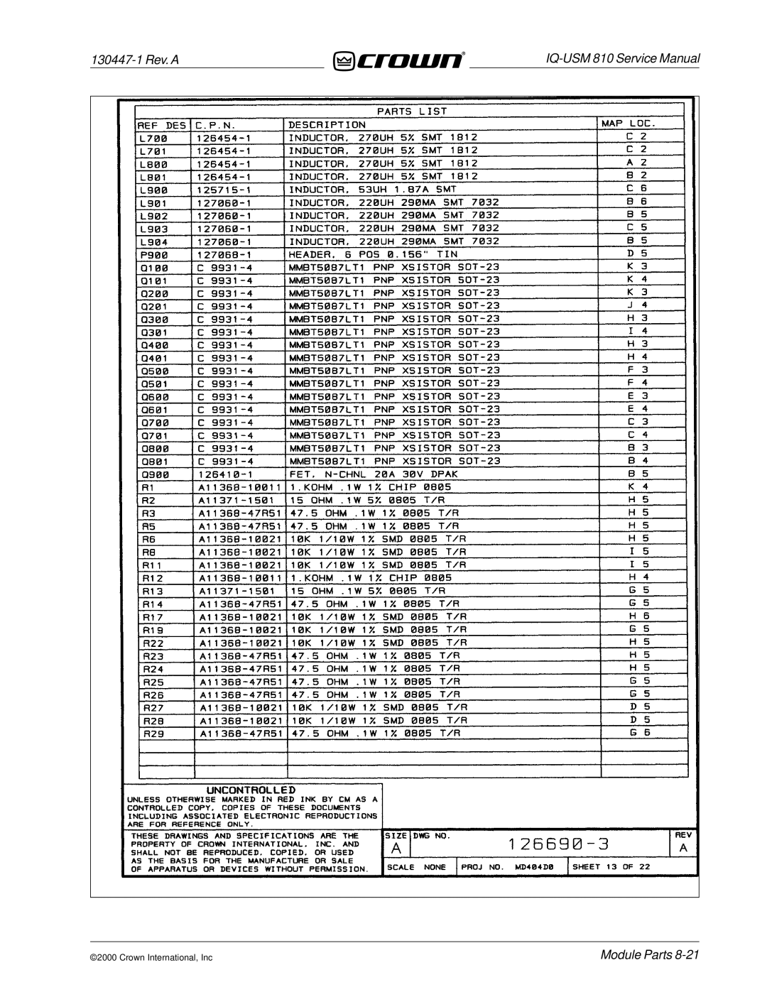 Crown Audio IQ-USM 810 service manual 130447-1 Rev. a 