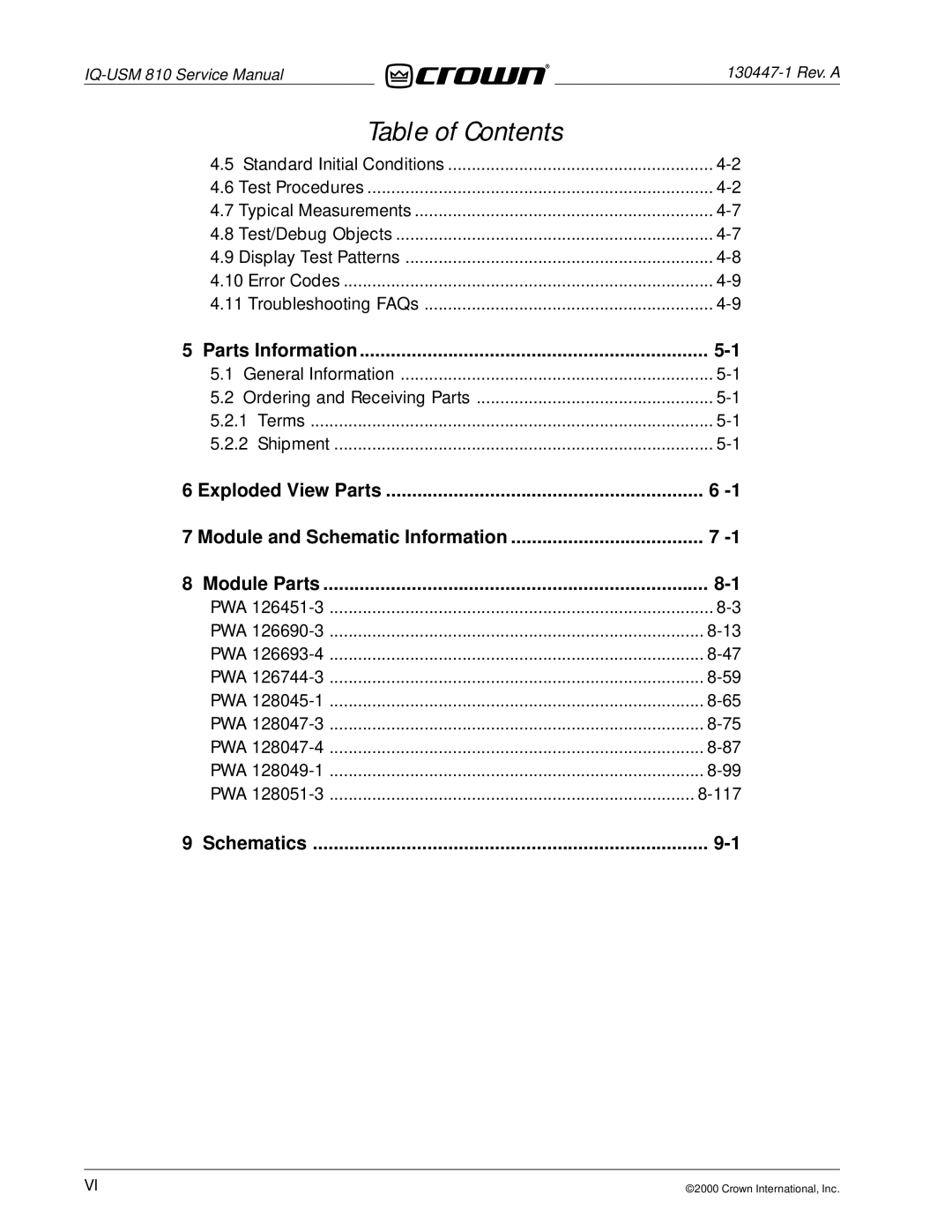 Crown Audio IQ-USM 810 service manual Parts Information 