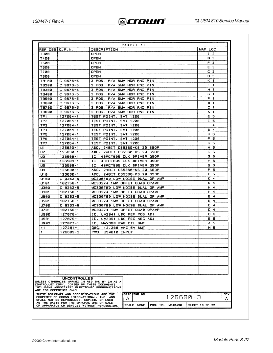 Crown Audio IQ-USM 810 service manual 130447-1 Rev. a 