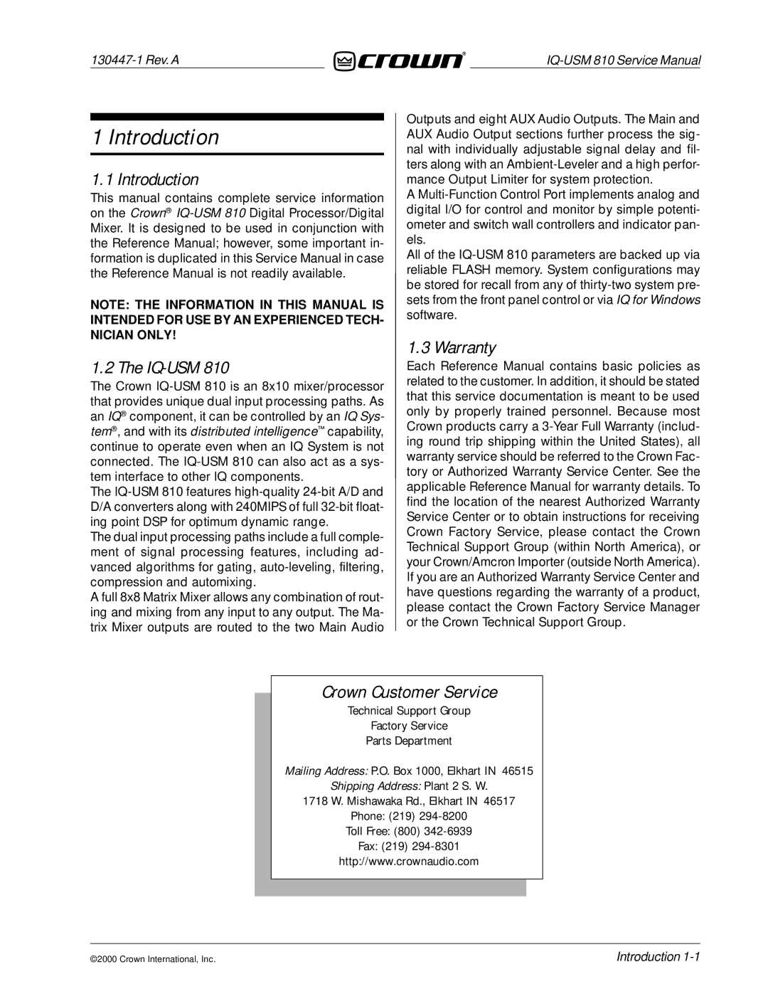 Crown Audio IQ-USM 810 service manual Introduction IQ-USM, Warranty, Crown Customer Service 