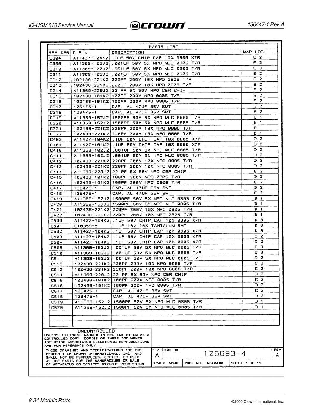 Crown Audio IQ-USM 810 service manual Module Parts 