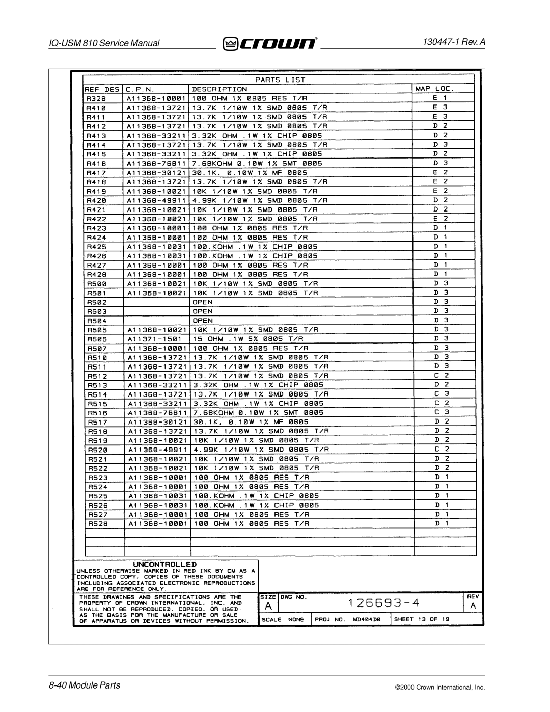 Crown Audio IQ-USM 810 service manual Module Parts 