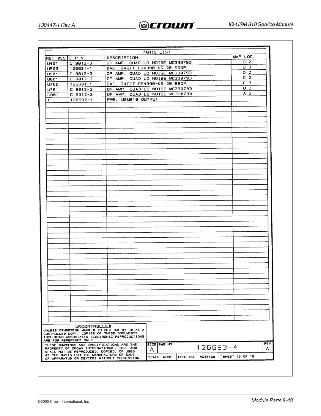 Crown Audio IQ-USM 810 service manual 130447-1 Rev. a 