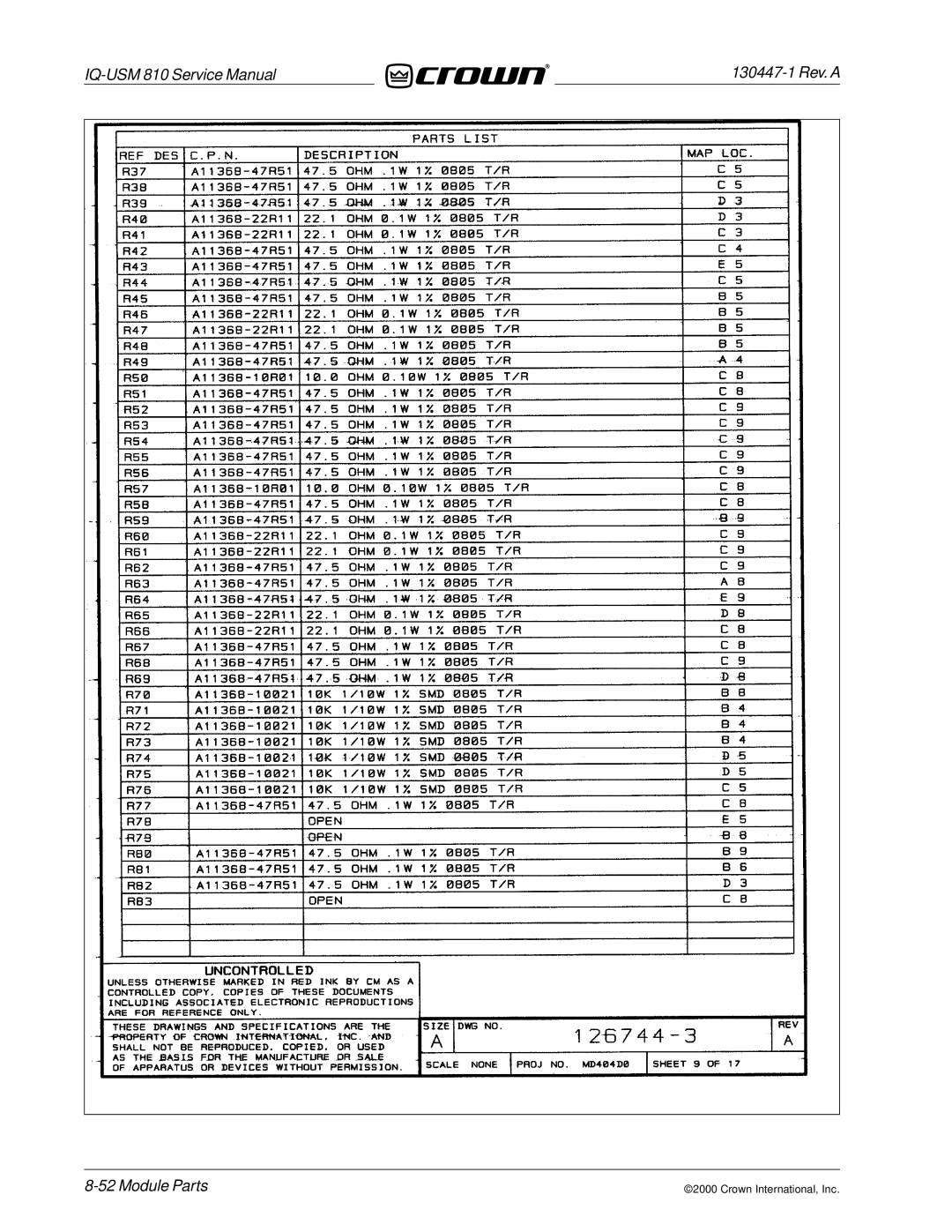 Crown Audio IQ-USM 810 service manual Module Parts 